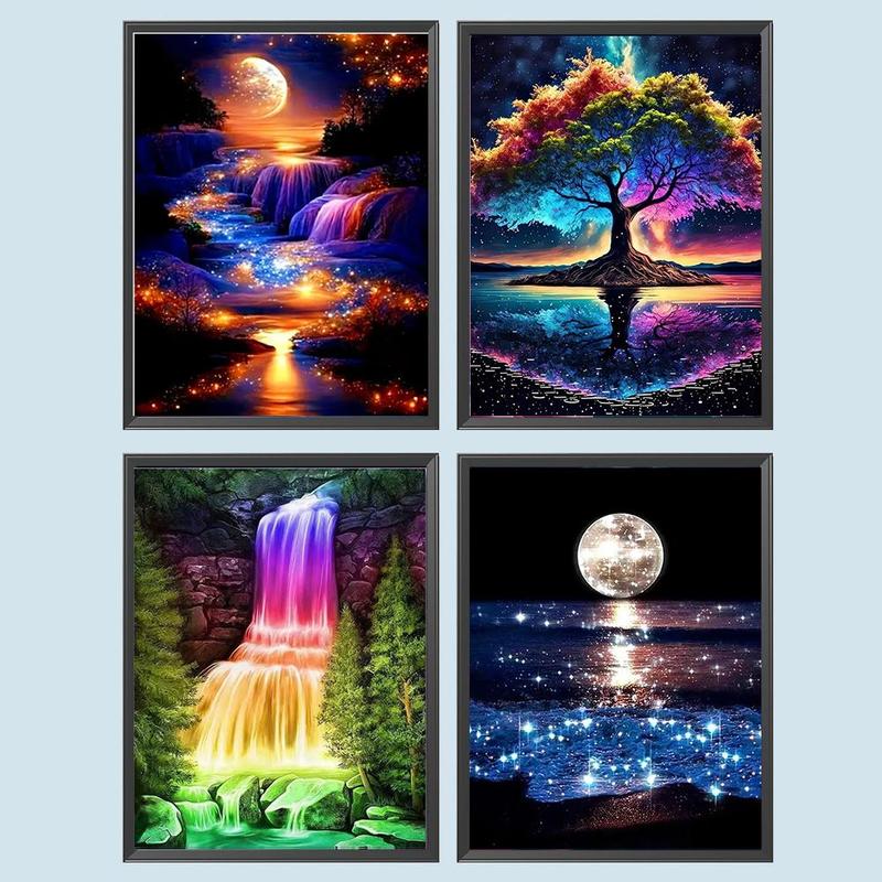 Landscape Pattern DIY Diamond Arts Colorful Painting Kit without Frame, 4 Counts set DIY Decorative Art Picture for Beginner, Wall Art Decor for Home Living Room Bedroom