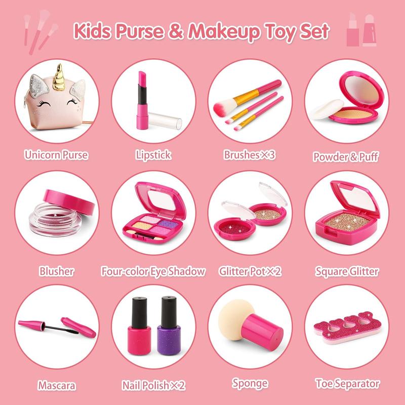 Christmas Gift Pretend Makeup Kit for Toddlers Girls, Play Makeup Set for Kids 3-5, Unicorn Toy Purse with Fake Makeup for Little Girls