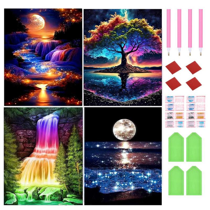 Landscape Pattern DIY Diamond Arts Colorful Painting Kit without Frame, 4 Counts set DIY Decorative Art Picture for Beginner, Wall Art Decor for Home Living Room Bedroom