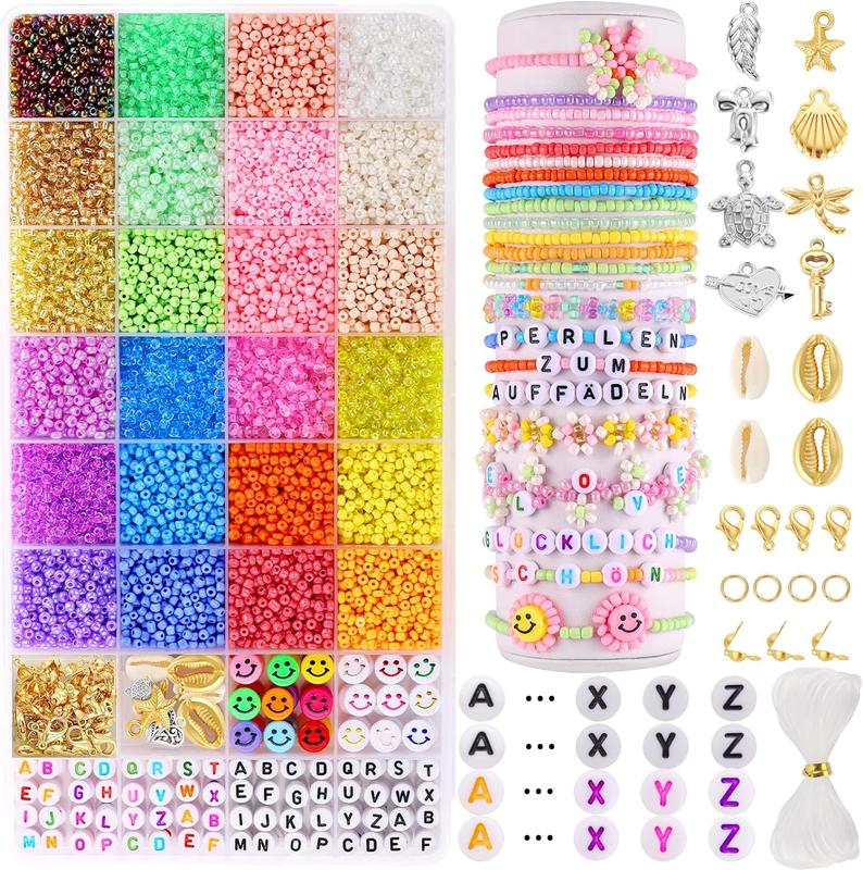 Funtopia 8710Counts+ Seed Beads Bracelet Making Kit beaded embroidery, 3mm Small Glass Beads for Jewelry Making, 24 Colors Beads for Crafting Supplies with Letter Beads & Smile Beads DIY Craft for Necklace Phone Chain