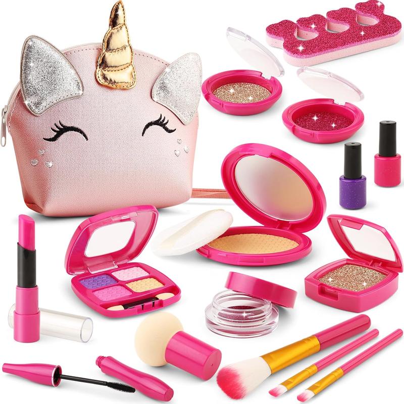 Christmas Gift Pretend Makeup Kit for Toddlers Girls, Play Makeup Set for Kids 3-5, Unicorn Toy Purse with Fake Makeup for Little Girls