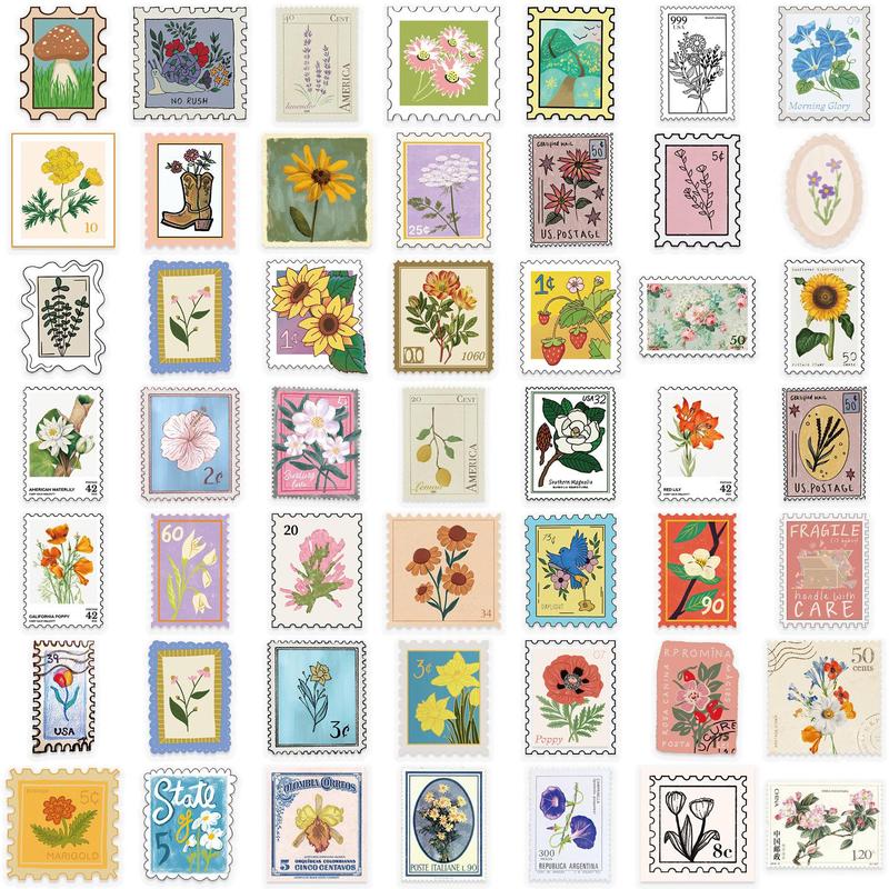 Flower Stamp Sticker, 50pcs set Self Adhesive Decorative Stamp Sticker, DIY Decals for Water Bottle, Laptop, Phone Case, Scrapbooking, Journal Making