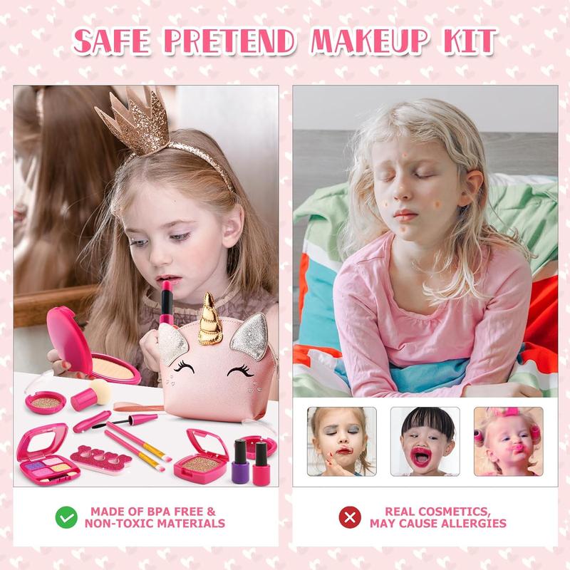 Christmas Gift Pretend Makeup Kit for Toddlers Girls, Play Makeup Set for Kids 3-5, Unicorn Toy Purse with Fake Makeup for Little Girls