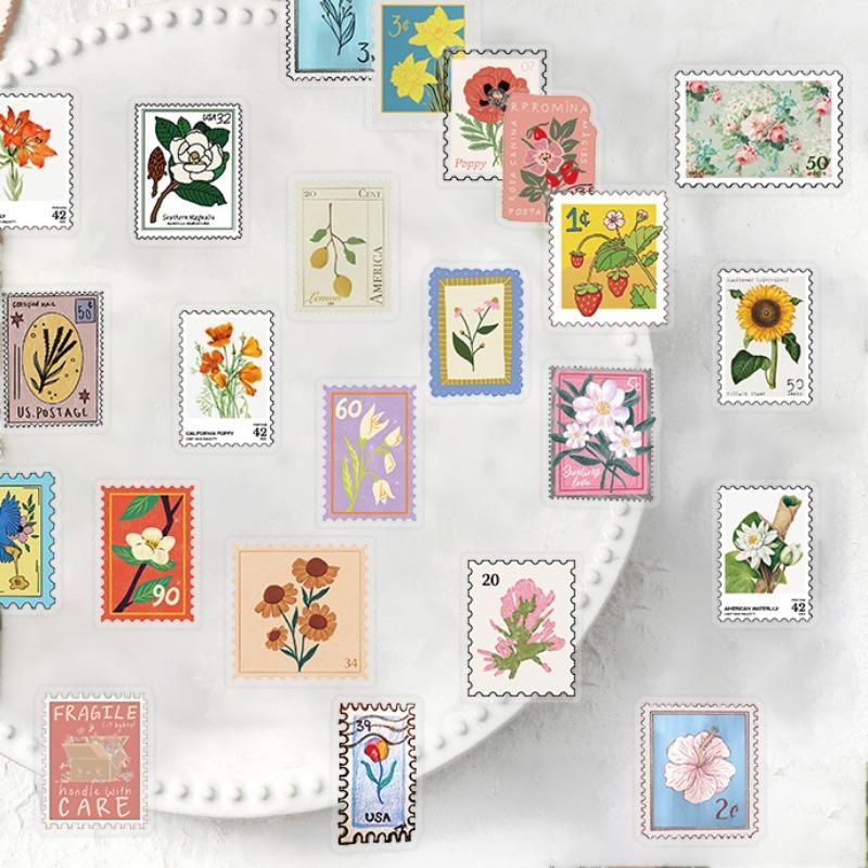 Flower Stamp Sticker, 50pcs set Self Adhesive Decorative Stamp Sticker, DIY Decals for Water Bottle, Laptop, Phone Case, Scrapbooking, Journal Making