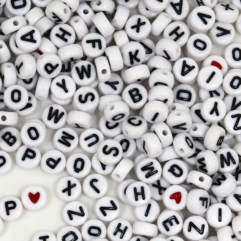 1450Pcs Letter Beads, Acrylic 4x7mm Round Letter Beads Kits, Alphabet Beads A-Z and Red Heart Black Star Beads for Bracelets Necklaces DIY Jewelry Making (White)