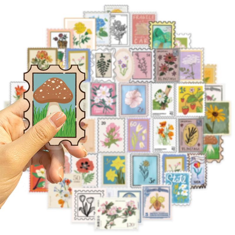 Flower Stamp Sticker, 50pcs set Self Adhesive Decorative Stamp Sticker, DIY Decals for Water Bottle, Laptop, Phone Case, Scrapbooking, Journal Making