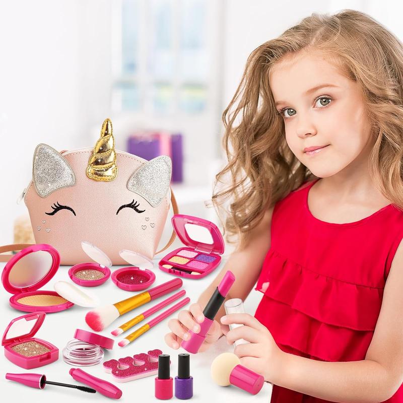 Christmas Gift Pretend Makeup Kit for Toddlers Girls, Play Makeup Set for Kids 3-5, Unicorn Toy Purse with Fake Makeup for Little Girls