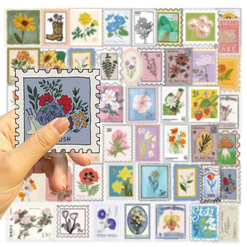 Flower Stamp Sticker, 50pcs set Self Adhesive Decorative Stamp Sticker, DIY Decals for Water Bottle, Laptop, Phone Case, Scrapbooking, Journal Making