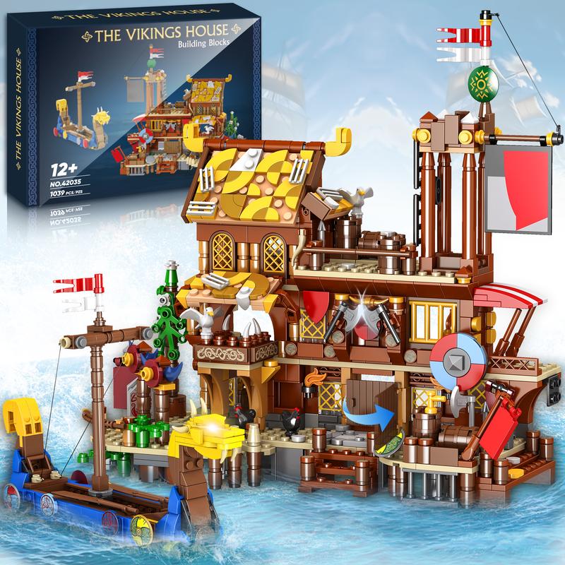 TOKMOC Viking Ship Building Block Set,Including Dragon Head Viking Ship and Viking House Set,Collecting Building and Gifting Model,For aged 12 and above,Stress relief toy,1039 Pieces