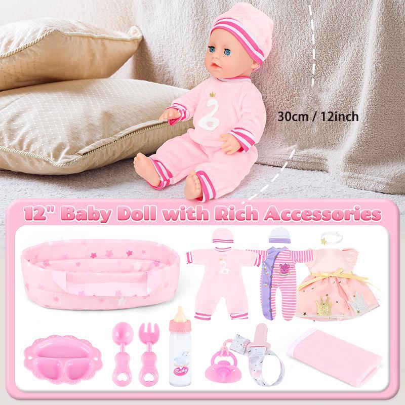 12 Inch Reborn Doll with Stroller & Bottle & Pacifier & Other Accessories, 1 Set Realistic Newborn Doll, Interactive Game Props