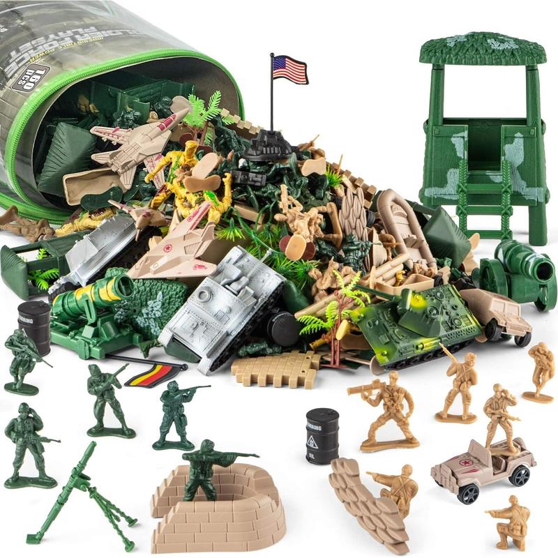 Army Men Toys for Boys 8-12, Military Soldier Army Base 160 Pcs Set Including WW2 Khaki Green Plastic Army Men Figure and Accessories with Handbag for Kid Boy Toddler Age 6-12 8-12