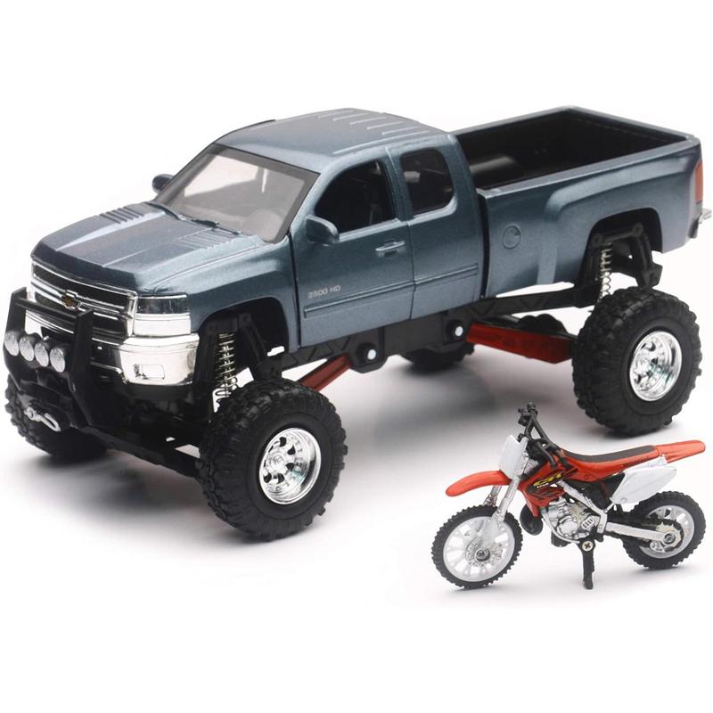 New-Ray Chevrolet 4x4 Gray Silverado Pickup Truck w Working Suspension and Honda Dirt Bike