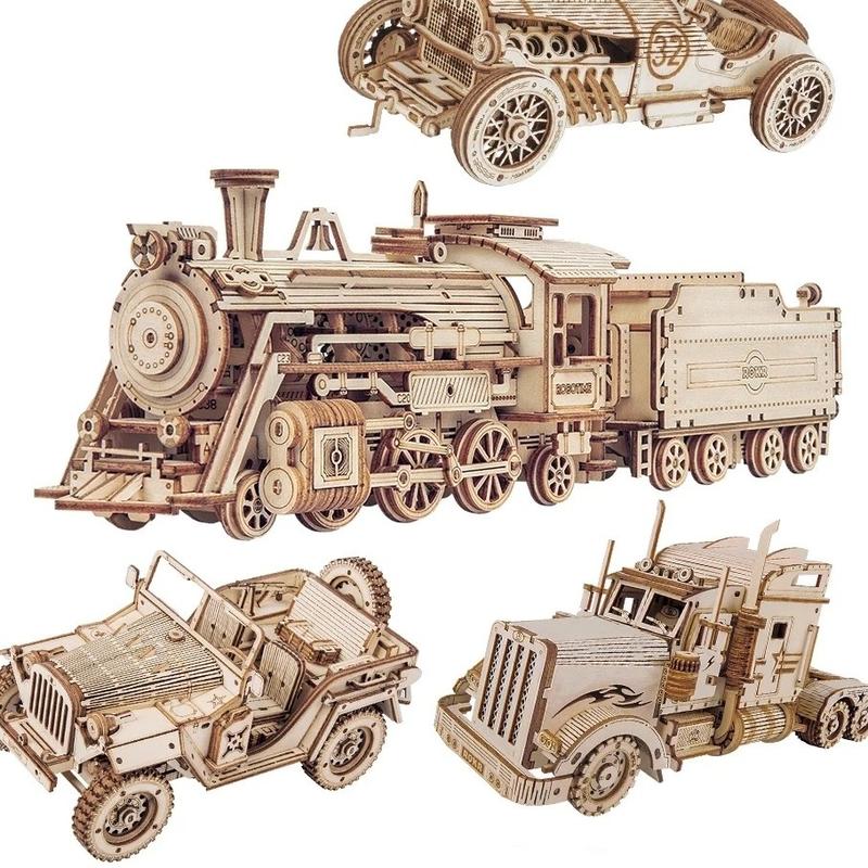 Robotime 3D Puzzle Movable Steam Train, Car, Jeep Assembly Toy Gift Wooden Model Building Block Kits Birthday Gifts Christmas Gifts Halloween Gifts wooden  puzzles