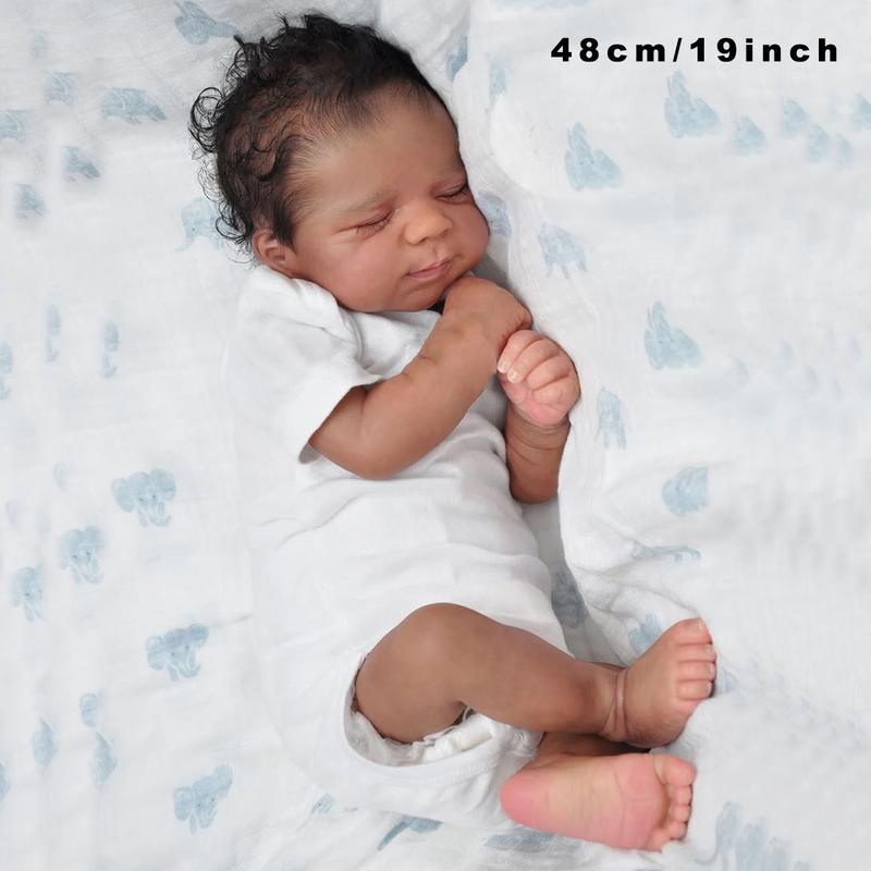 19inch 48cm Soft Vinyl Silicone Like Skin Asleep Reborn Baby Doll Alive Newborn Bebe Girl Cloth Body Toy with Black Skin Doll Lovely Kids Birthday Gift