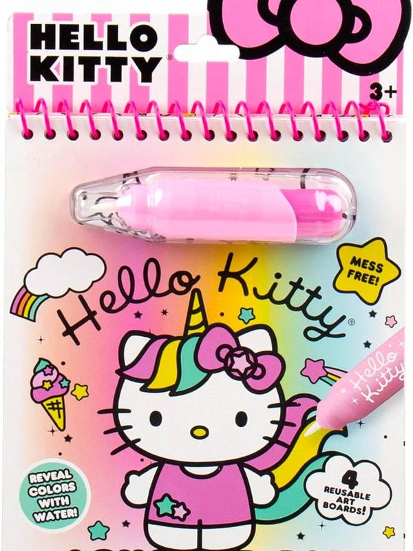 Hello-Kitty Aqua Art Pad, 4 Art Pages, On The Go Reusable Water-Reveal Activity Pad, Mess Free Arts and Crafts, Paint with Water Brush Set, Kids Toys, Sanrio Stuff, Hello Kitty Craft Kits for Kids 3+