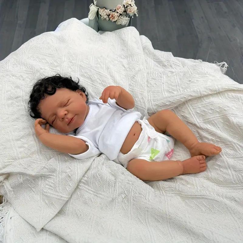 19inch 48cm Soft Vinyl Silicone Like Skin Asleep Reborn Baby Doll Alive Newborn Bebe Girl Cloth Body Toy with Black Skin Doll Lovely Kids Birthday Gift