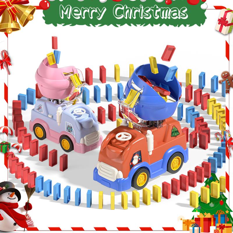 Southern toys Automatic card throwing engineering toy car with 100pcs dominoes and Christmas stickers, automatic building block arrangement toy engineering car, Montessori toys, Christmas gifts, creative educational toys for boys and girls