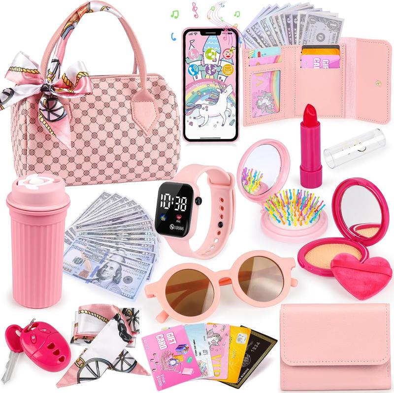 Christmas Gift for Little Girls - 32PCS Toddler Purse with Pretend Makeup, Phone, Wristwatch, and Silk Scarf