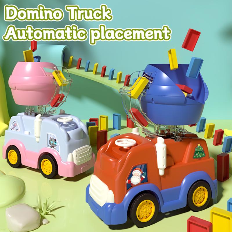 Southern toys Automatic card throwing engineering toy car with 100pcs dominoes and Christmas stickers, automatic building block arrangement toy engineering car, Montessori toys, Christmas gifts, creative educational toys for boys and girls