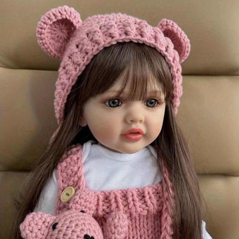 55cm 22inch Realistic Lifelike Reborn Baby Soft Silicone Girl Doll Long Brown Hair Princess Toddler Bebe Toy Birthday Gift