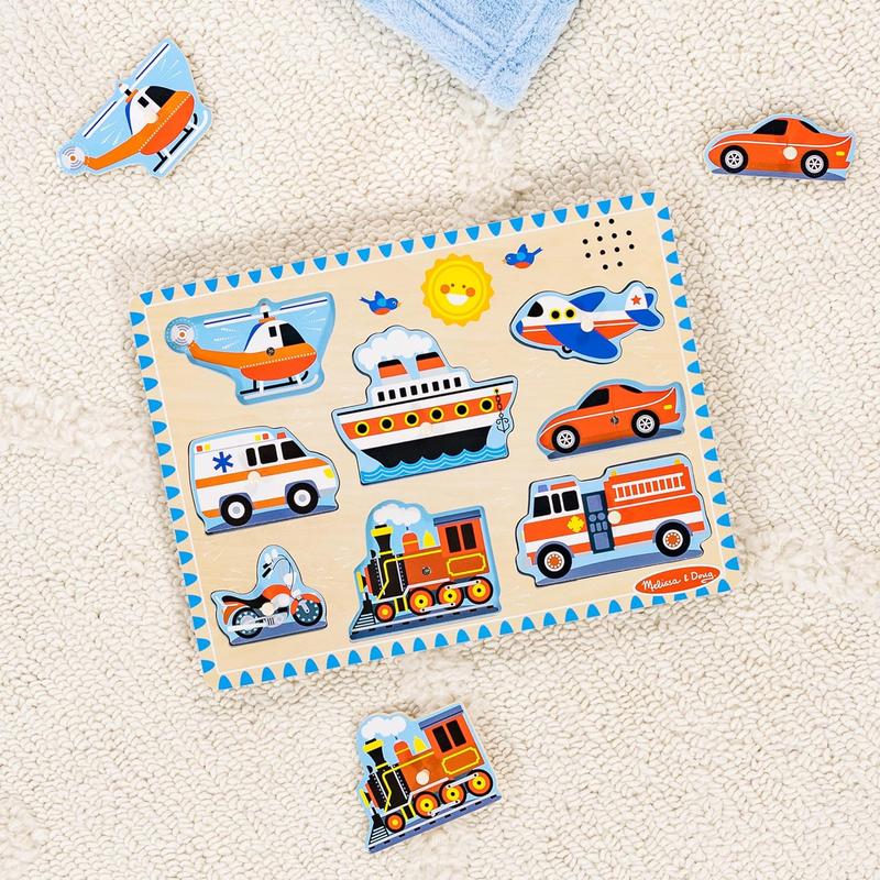 Vehicles Sound Puzzle - Wooden Peg Puzzle With Sound Effects (8 Pcs) - Sound Puzzles For Toddlers, Wooden Puzzles For Kids Ages 2+