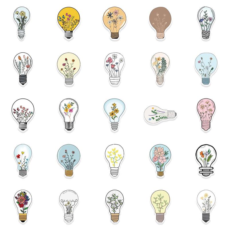 Cartoon Flower & Lamp Bulb Pattern Decorative Sticker For Creative DIY, 50pcs Scrapbooking & Journal Making Material Paper, DIY Decorative Sticker Sets