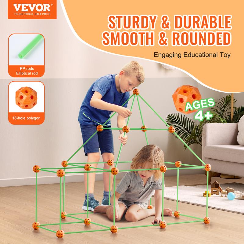 VEVOR Fort Building Kit for Kids, 85PCS Glow in The Dark STEM Building Toys, Educational Gift for 4 5 6 7 8+ Year Old Boys & Girls, Indoor Outdoor Play Tent Construction Toys with 55 Rods and 30 Balls