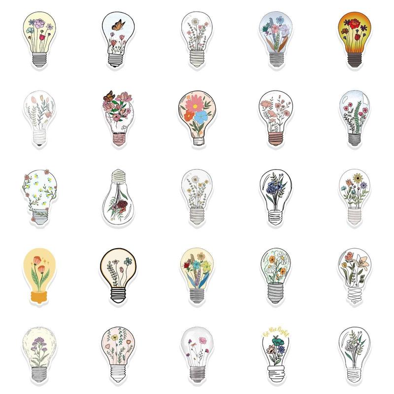 Cartoon Flower & Lamp Bulb Pattern Decorative Sticker For Creative DIY, 50pcs Scrapbooking & Journal Making Material Paper, DIY Decorative Sticker Sets