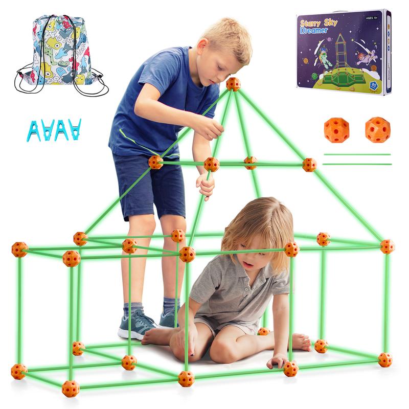 VEVOR Fort Building Kit for Kids, 85PCS Glow in The Dark STEM Building Toys, Educational Gift for 4 5 6 7 8+ Year Old Boys & Girls, Indoor Outdoor Play Tent Construction Toys with 55 Rods and 30 Balls