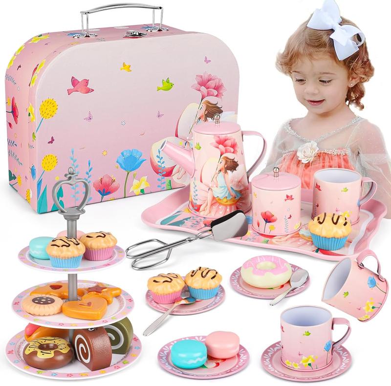 Kids Tea Party Set for Little Girls Birthday Gift Toys for 3 4 5 6 7 8 Year Old Girls, Cute Princess Play Toddlers Tin Tea Set, Pretend Toys with Desserts, Flower Teapot & Teacup & Carrying Case Christmas Gift