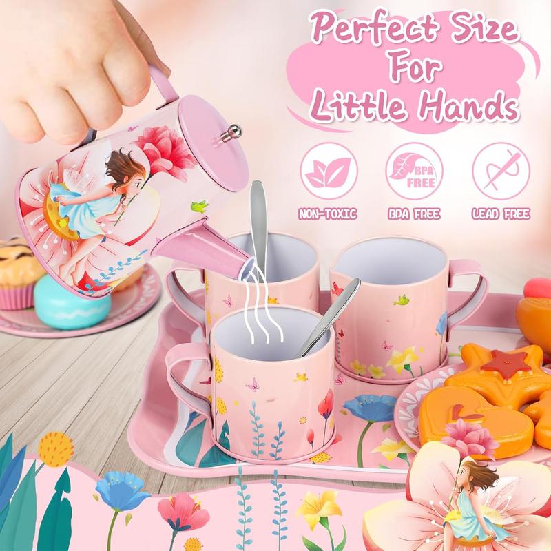 Kids Tea Party Set for Little Girls Birthday Gift Toys for 3 4 5 6 7 8 Year Old Girls, Cute Princess Play Toddlers Tin Tea Set, Pretend Toys with Desserts, Flower Teapot & Teacup & Carrying Case Christmas Gift