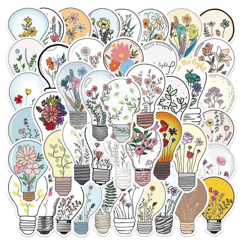 Cartoon Flower & Lamp Bulb Pattern Decorative Sticker For Creative DIY, 50pcs Scrapbooking & Journal Making Material Paper, DIY Decorative Sticker Sets