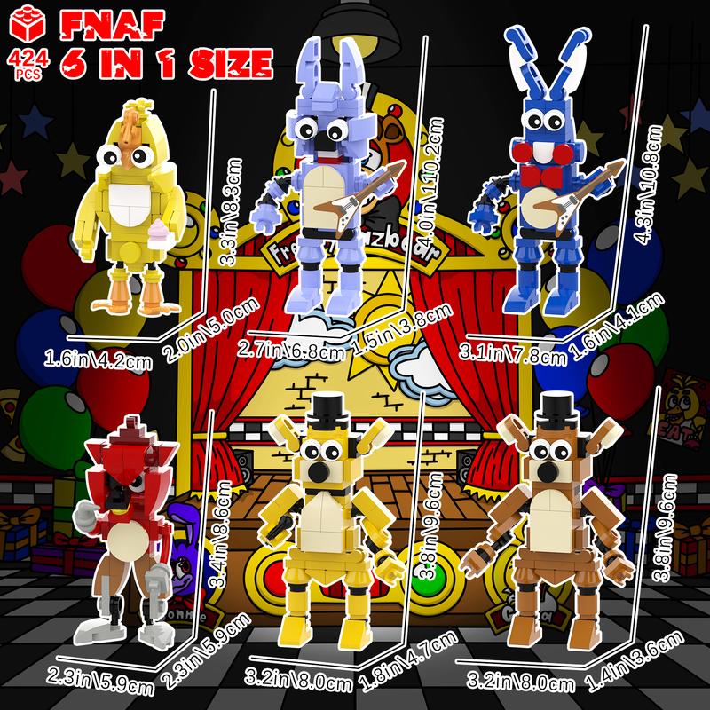 Tenhoeses Five Night 6 in 1 Building Sets, Golden Freddy, Toy Bonnie, Foxy, Chica, Fazbear Figures Stuff Merch, Birthday Party Supplies Toys Gifts for Game Fans Boys or Girls Age 6+.(424PCS)