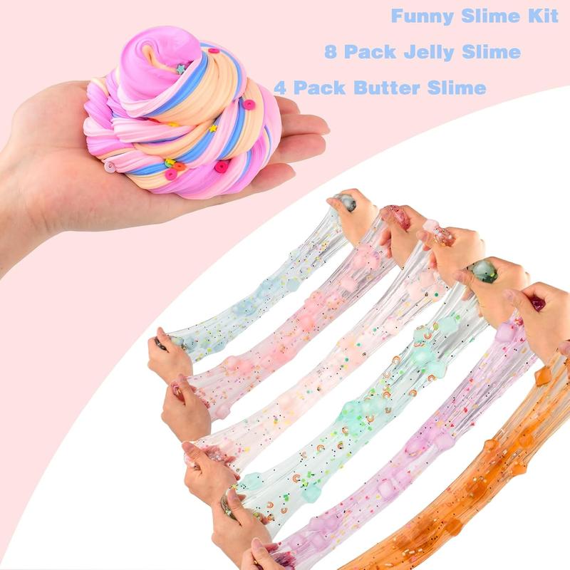 Slime Kit 12 Pack with 8 Pack Jelly Slime and 4 Pack Butter Slimes, Soft & Non-Sticky, Scented DIY Slime Party Favors for Kids, Putty Sludge Toy Gifts for Girls Boys