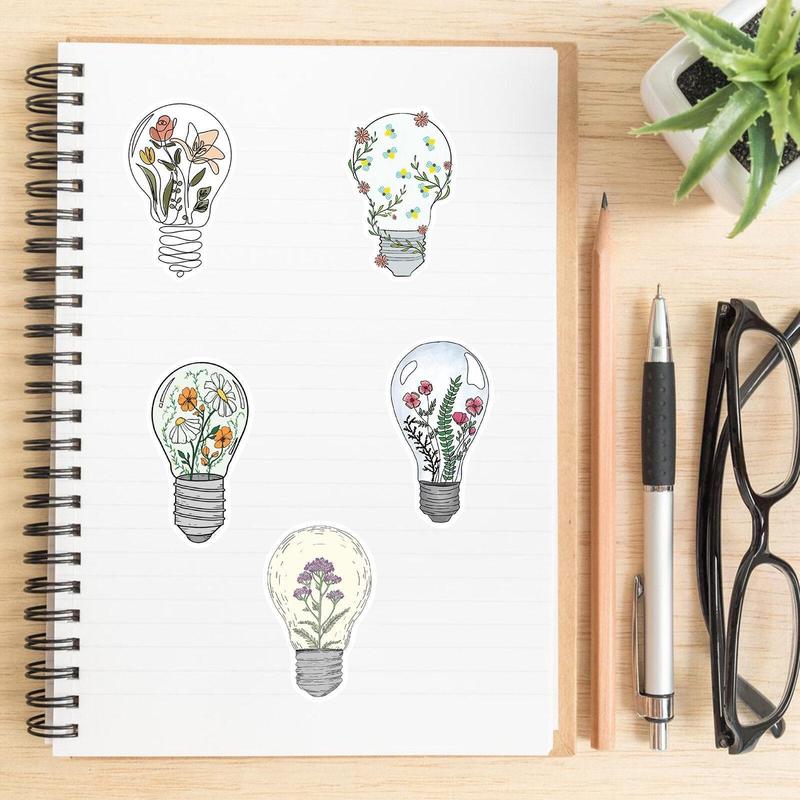 Cartoon Flower & Lamp Bulb Pattern Decorative Sticker For Creative DIY, 50pcs Scrapbooking & Journal Making Material Paper, DIY Decorative Sticker Sets