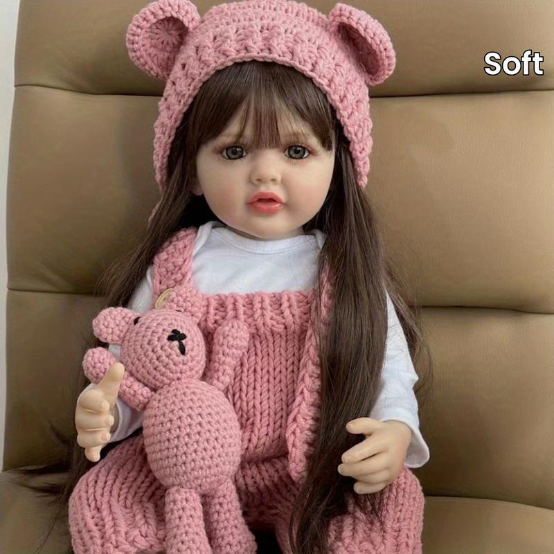 55cm 22inch Realistic Lifelike Reborn Baby Soft Silicone Girl Doll Long Brown Hair Princess Toddler Bebe Toy Birthday Gift