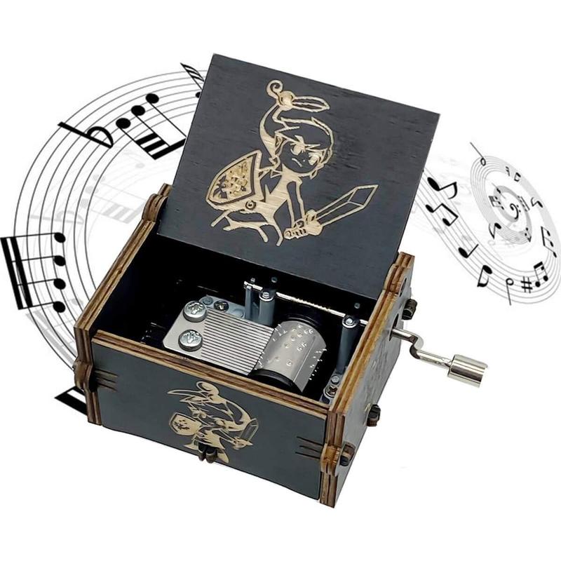 Wooden Music Box, Hand Crank Wood Legend of Zelda Theme Musical Boxes, Antique Engraved Carved Crafts Gift for Wedding, Valentines, Christmas, Birthday(Black).Christmas Gifts