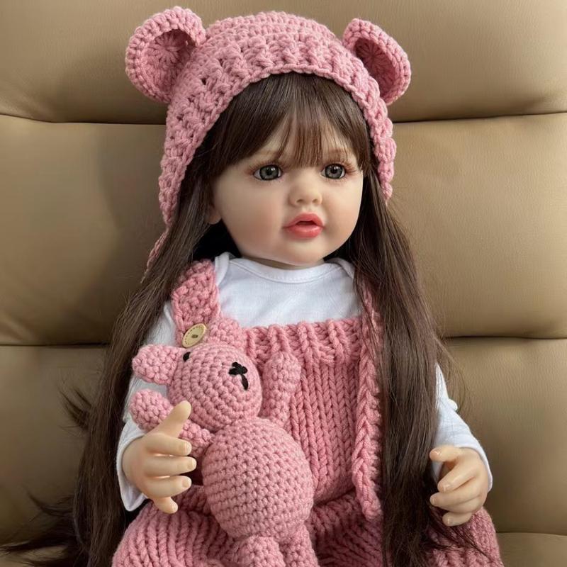 55cm 22inch Realistic Lifelike Reborn Baby Soft Silicone Girl Doll Long Brown Hair Princess Toddler Bebe Toy Birthday Gift