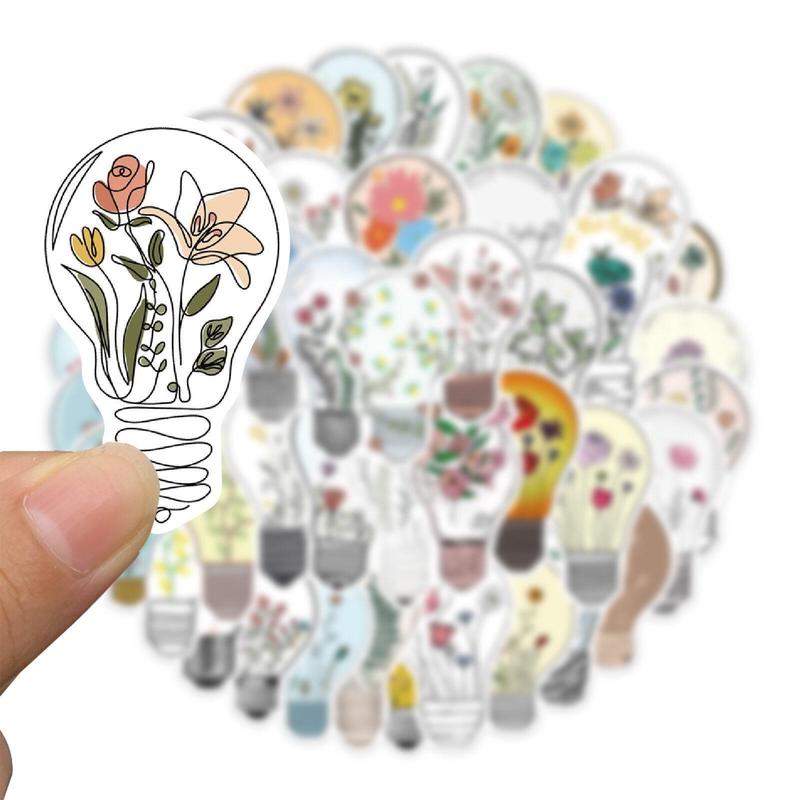 Cartoon Flower & Lamp Bulb Pattern Decorative Sticker For Creative DIY, 50pcs Scrapbooking & Journal Making Material Paper, DIY Decorative Sticker Sets