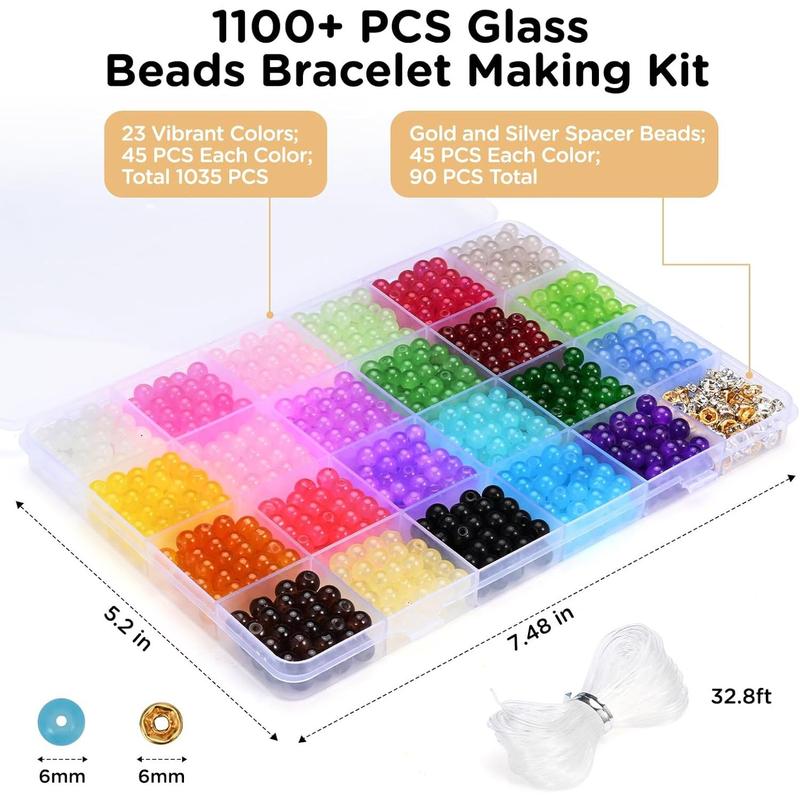 1100 Pieces 6mm Glass Beads for Crafting, 24 Vivid Colors Crystal Round Glass Beads for Bracelets, Complete Bracelet Making Set for Girls DIY Crafts and Friendship Bracelets