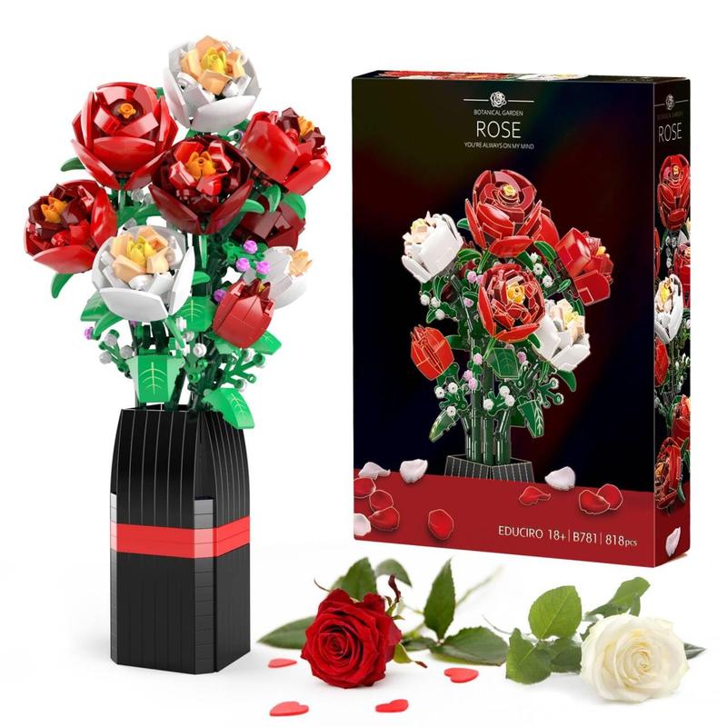 Flowers Bouquet Block Building Set For Adults(818 PCS) - Christmas,Birthday,Valentine,Housewarming Gifts For Her,Home Decor Creative DIY Roses Flower Bouquet Kit with Vase