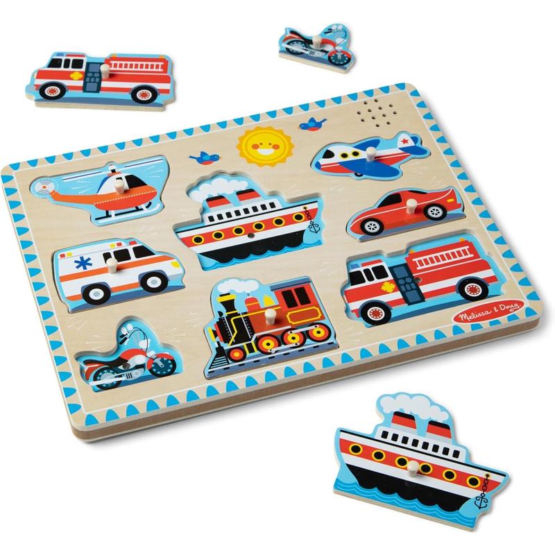 Vehicles Sound Puzzle - Wooden Peg Puzzle With Sound Effects (8 Pcs) - Sound Puzzles For Toddlers, Wooden Puzzles For Kids Ages 2+