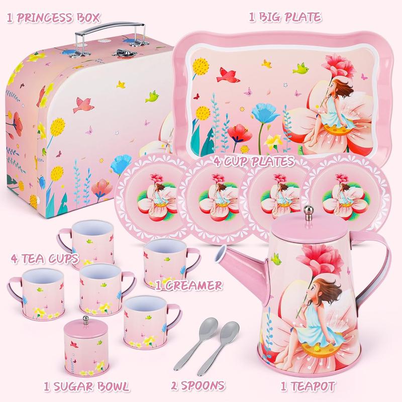 Kids Tea Party Set for Little Girls Birthday Gift Toys for 3 4 5 6 7 8 Year Old Girls, Cute Princess Play Toddlers Tin Tea Set, Pretend Toys with Desserts, Flower Teapot & Teacup & Carrying Case Christmas Gift