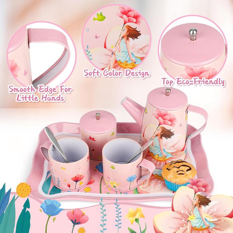 Kids Tea Party Set for Little Girls Birthday Gift Toys for 3 4 5 6 7 8 Year Old Girls, Cute Princess Play Toddlers Tin Tea Set, Pretend Toys with Desserts, Flower Teapot & Teacup & Carrying Case Christmas Gift