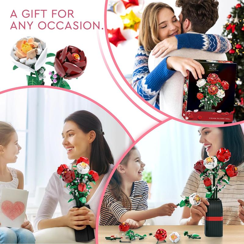 Flowers Bouquet Block Building Set For Adults(818 PCS) - Christmas,Birthday,Valentine,Housewarming Gifts For Her,Home Decor Creative DIY Roses Flower Bouquet Kit with Vase