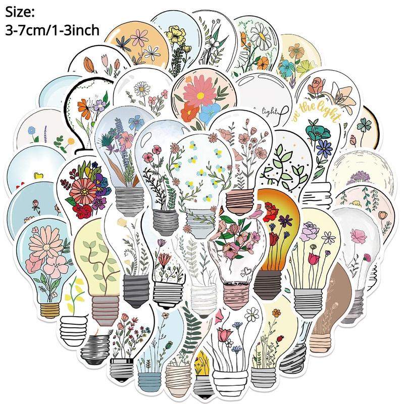 Cartoon Flower & Lamp Bulb Pattern Decorative Sticker For Creative DIY, 50pcs Scrapbooking & Journal Making Material Paper, DIY Decorative Sticker Sets