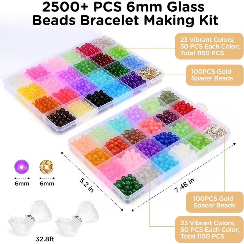 1100 Pieces 6mm Glass Beads for Crafting, 24 Vivid Colors Crystal Round Glass Beads for Bracelets, Complete Bracelet Making Set for Girls DIY Crafts and Friendship Bracelets