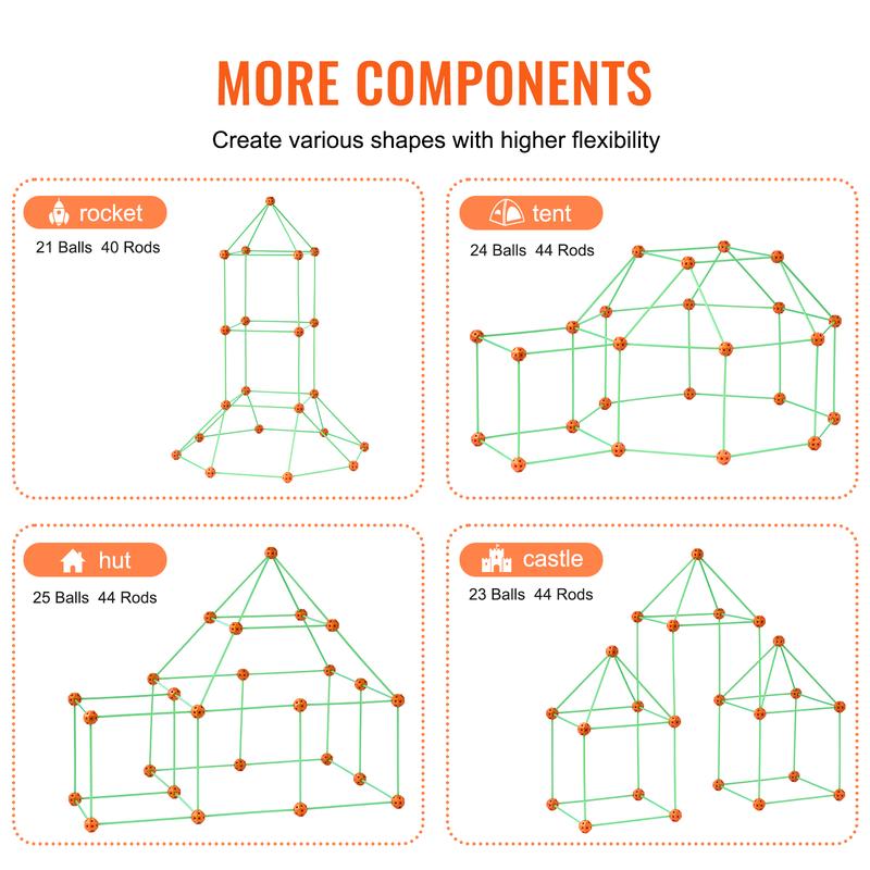 VEVOR Fort Building Kit for Kids, 85PCS Glow in The Dark STEM Building Toys, Educational Gift for 4 5 6 7 8+ Year Old Boys & Girls, Indoor Outdoor Play Tent Construction Toys with 55 Rods and 30 Balls