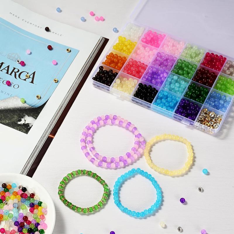 1100 Pieces 6mm Glass Beads for Crafting, 24 Vivid Colors Crystal Round Glass Beads for Bracelets, Complete Bracelet Making Set for Girls DIY Crafts and Friendship Bracelets