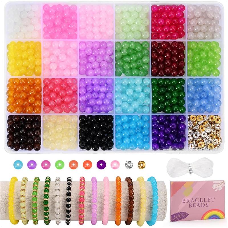 1100 Pieces 6mm Glass Beads for Crafting, 24 Vivid Colors Crystal Round Glass Beads for Bracelets, Complete Bracelet Making Set for Girls DIY Crafts and Friendship Bracelets